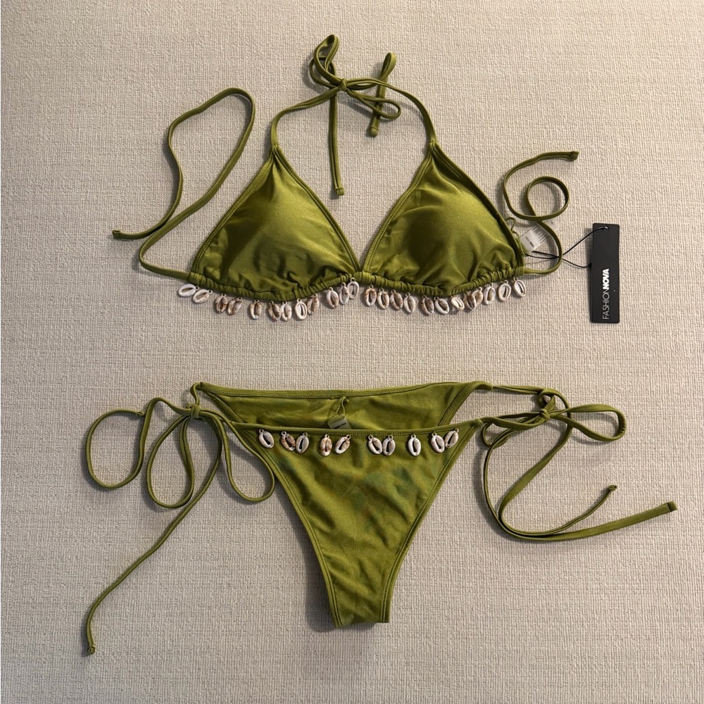 Fashion Nova Olive Green Bikini Set with Shell Detail XL